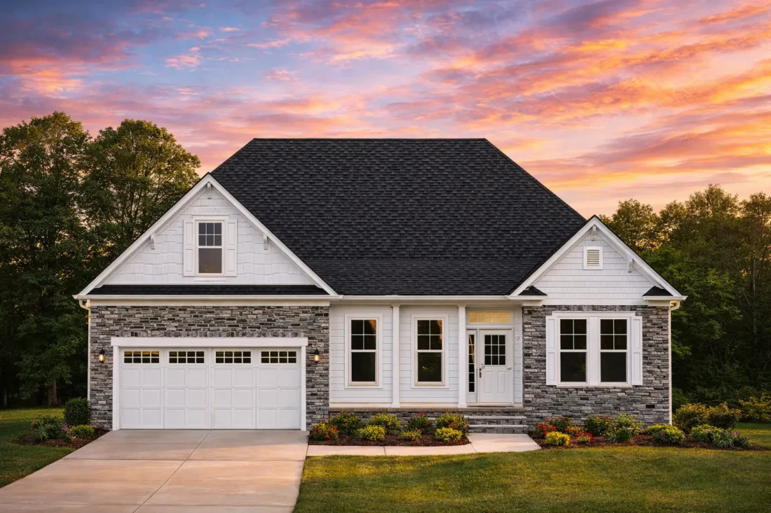 Front elevation of a Traditional Ranch and Modern Farmhouse style home featuring board and batten siding, stone wainscoting, dark shutters, and a gable roof design