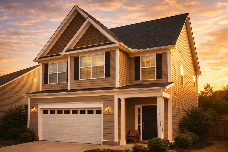 Front exterior of a New American Modern Traditional home with horizontal siding, covered porch, and attached two-car garage