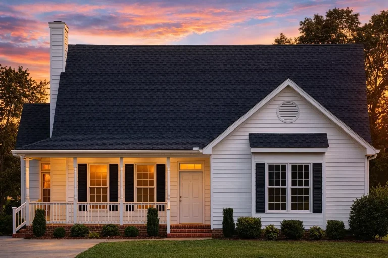 Front view of a Cape Cod and Traditional style house with dormer windows, covered porch, beige siding, and a two-car garage