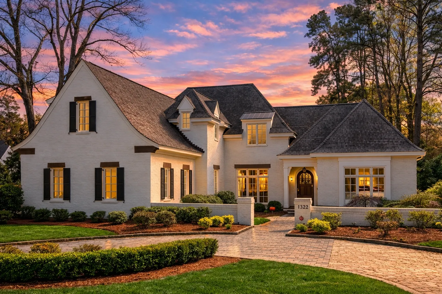 Front exterior of a French Country style home featuring brick and stone exterior, arched doorway, manicured landscaping, and formal courtyard entry