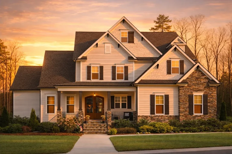 Front elevation of a New American Modern Traditional home featuring stone accents, horizontal siding, gabled rooflines, and a welcoming covered entry