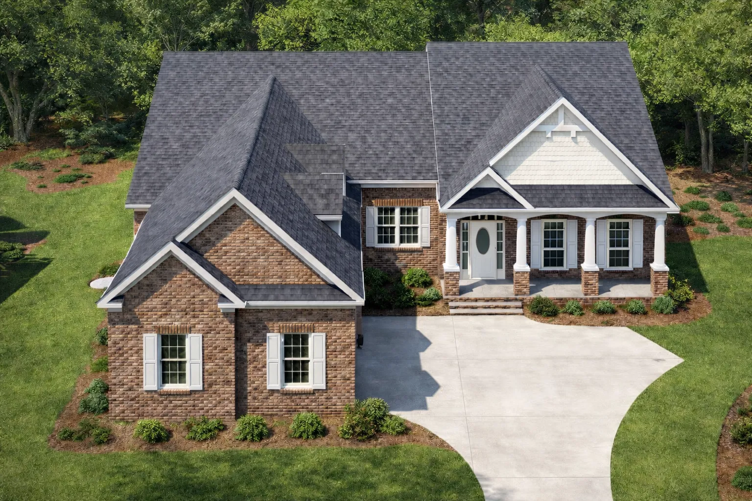 Front elevation of New American modern traditional home with stone veneer, horizontal lap siding, board and batten gables, and arched entry porch