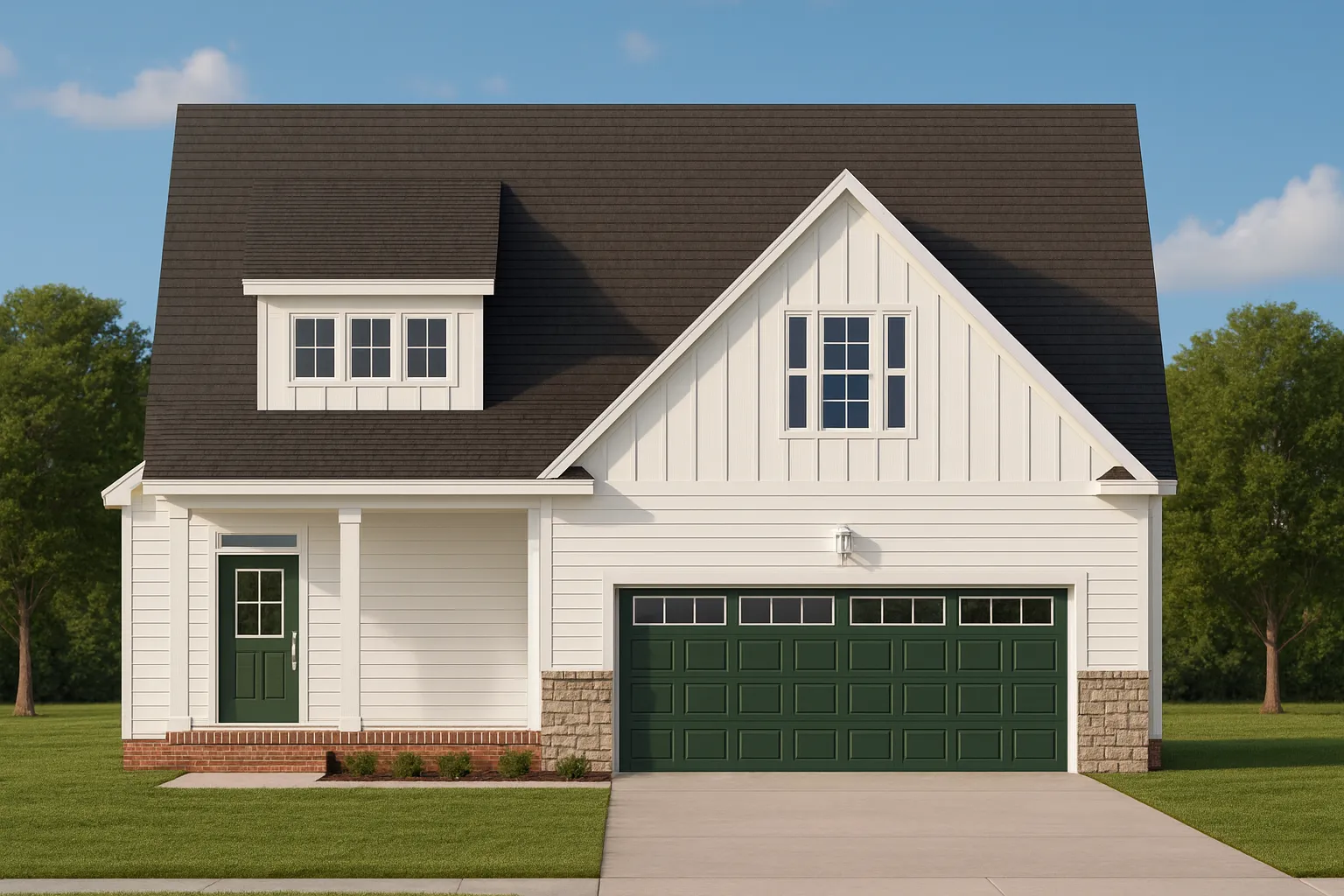 Front view of a Modern Farmhouse featuring board and batten siding, brick accents, and a welcoming gabled roofline with dormer window