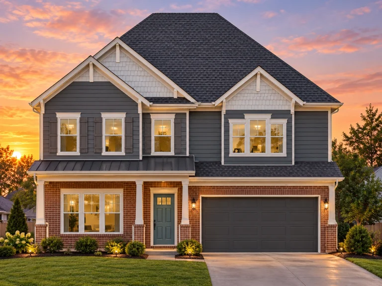 Front elevation of a New American farmhouse style home featuring board and batten siding, stone accents, symmetrical windows, and a two car garage