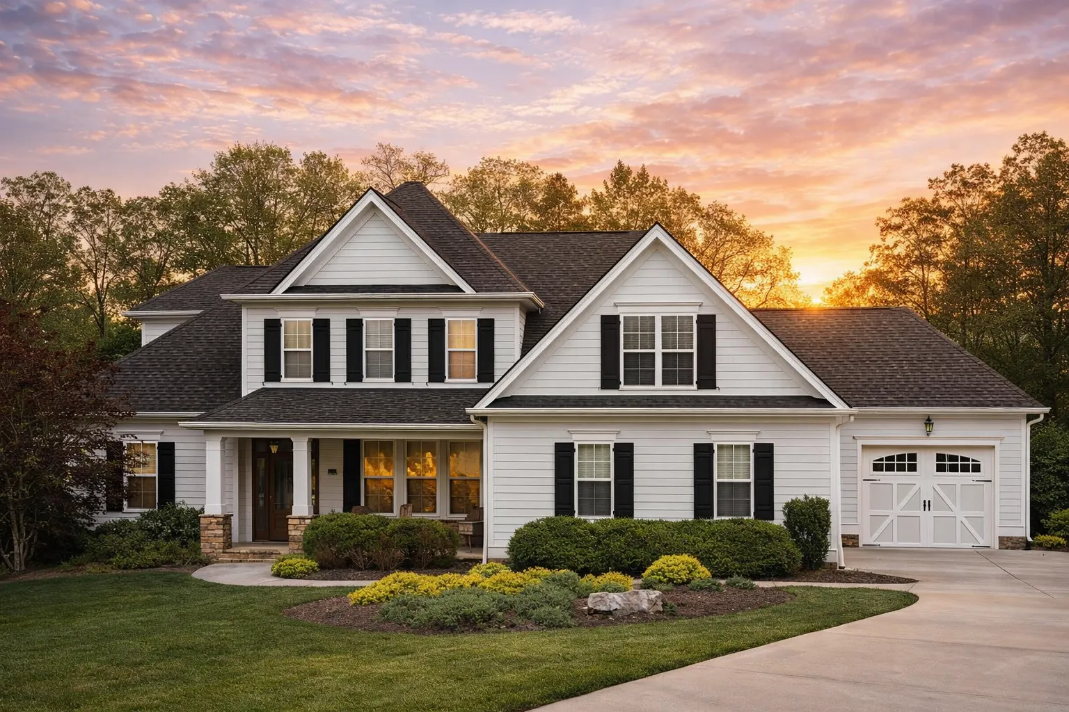 Front elevation of a New American traditional house with horizontal siding, stone accents, gabled rooflines, and an attached garage