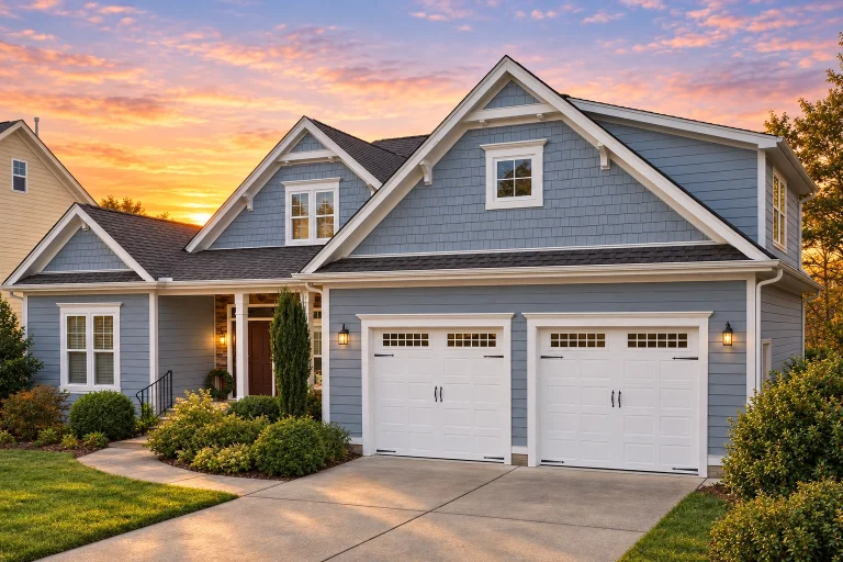 Modern Farmhouse House Plans 14 Craftsman ranch house with blue siding, front porch, and double garage