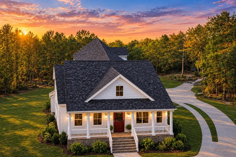 Cottage House Plans 9 Front exterior view of a Cape Cod coastal cottage house with blue siding, brick foundation, covered porch, and symmetrical traditional design