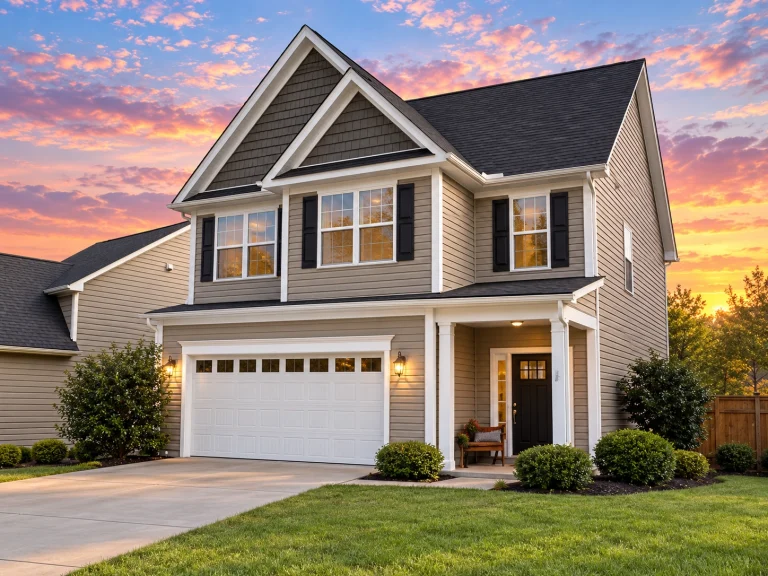 Front exterior of a New American Modern Traditional home with horizontal siding, covered porch, and attached two-car garage