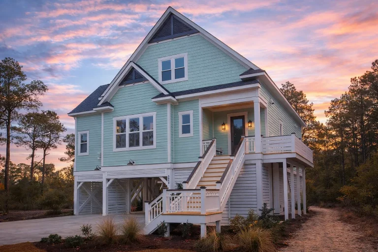 Front exterior of elevated coastal beach house with horizontal lap siding, wraparound porch, and stairs on pilings at sunset