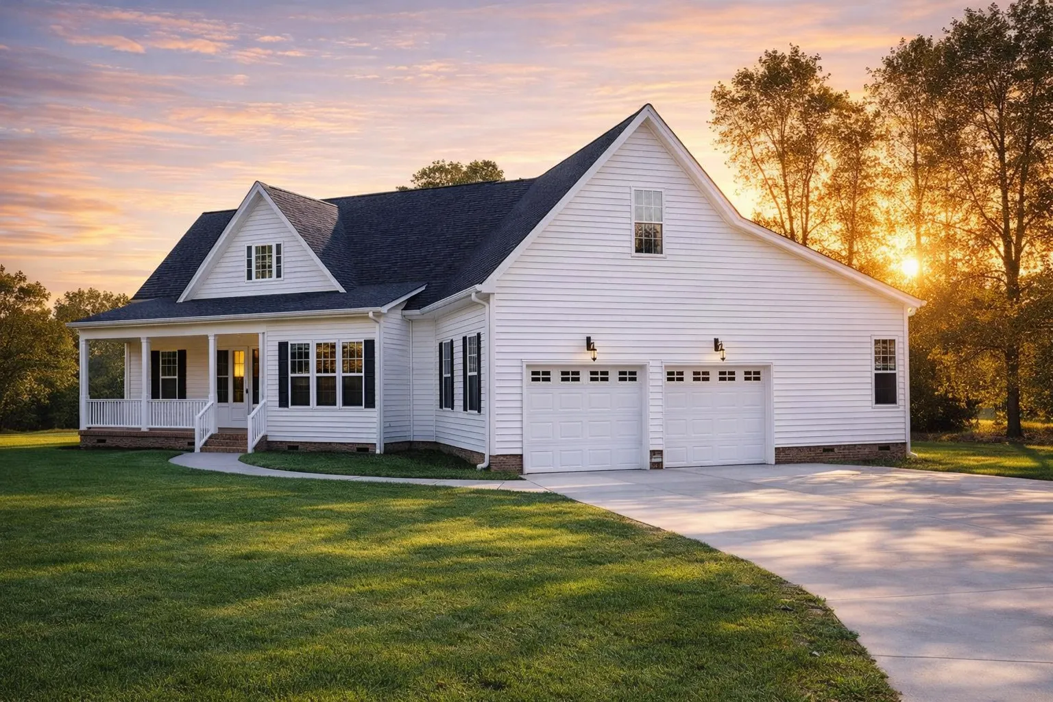 Front exterior of a Southern Farmhouse ranch-style home featuring horizontal siding, a wide covered porch, and symmetrical traditional design