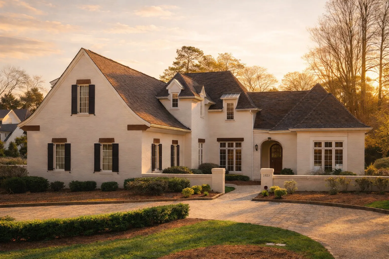 Front exterior of a French Country style home featuring brick and stone exterior, arched doorway, manicured landscaping, and formal courtyard entry