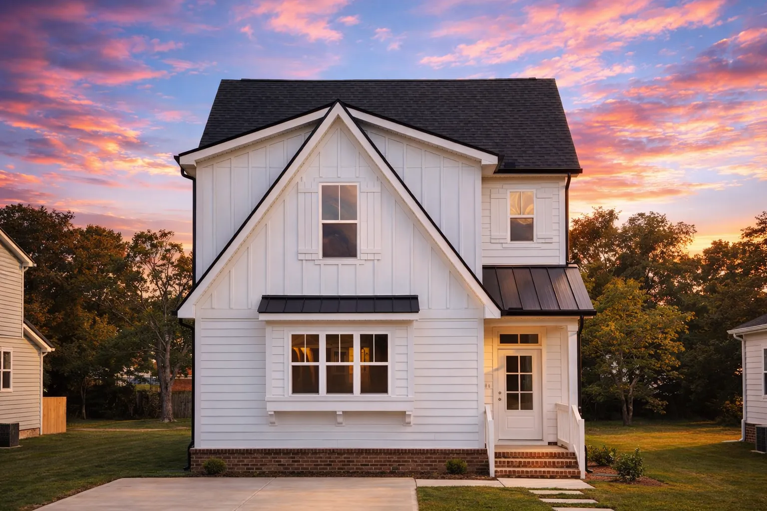 Front elevation of a Modern Farmhouse Cottage featuring vertical board and batten siding, warm stone accents, and a welcoming entry door under a gable roof.