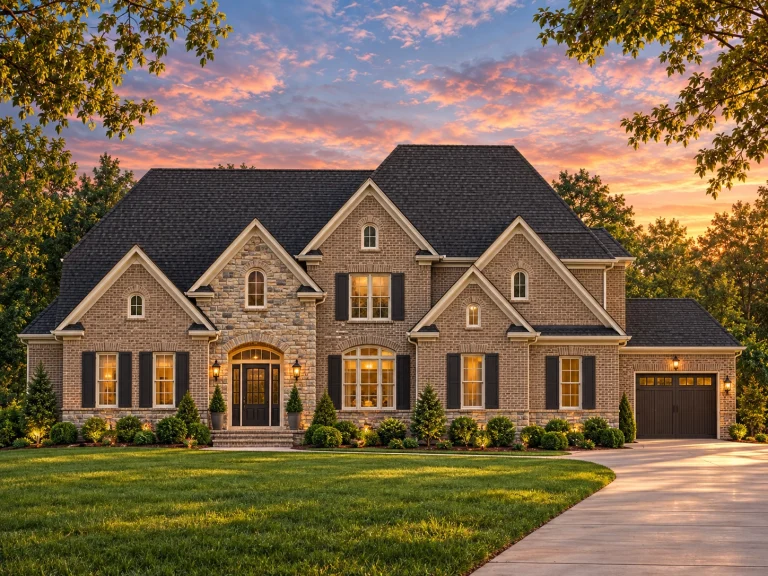 Front elevation of a New American (Modern Traditional) home with white horizontal lap siding, stone entry façade, black shutters, steep gables, and an attached garage