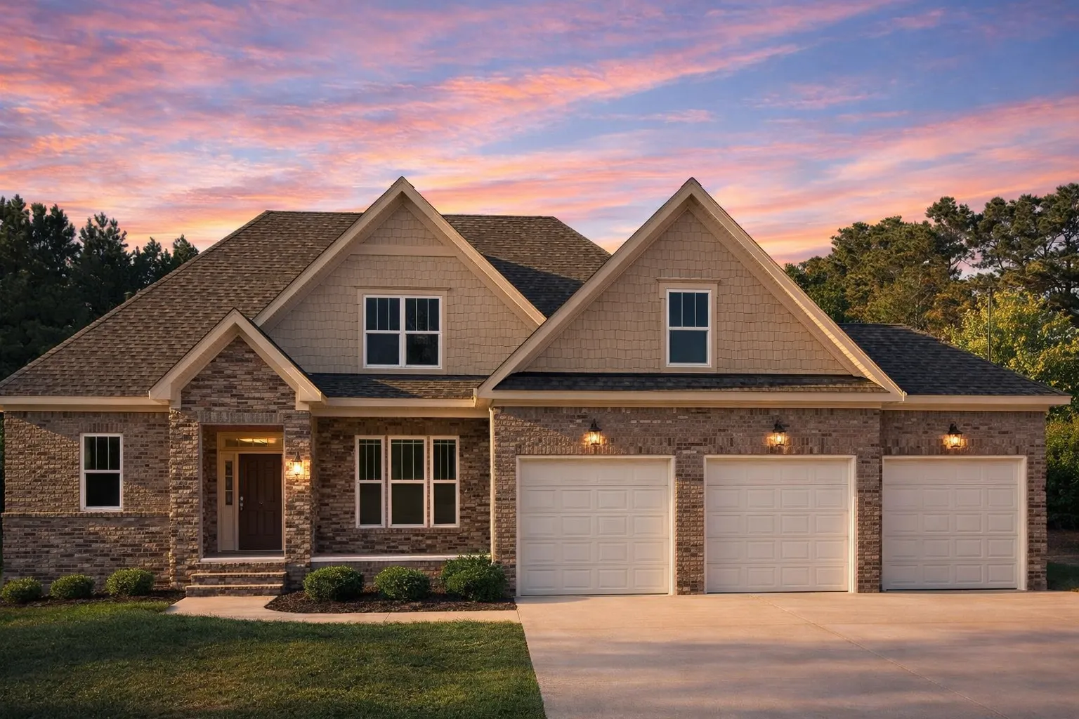 Front elevation of a New American style suburban house with stone veneer, horizontal siding, gabled rooflines, and a two-car garage