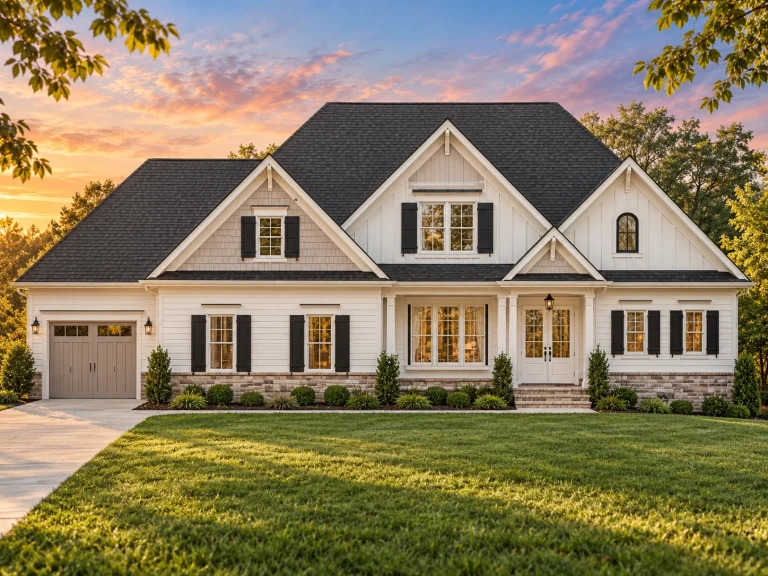 Front elevation of a New American modern farmhouse style home featuring board and batten siding, stone accents, gabled rooflines, and a welcoming covered porch