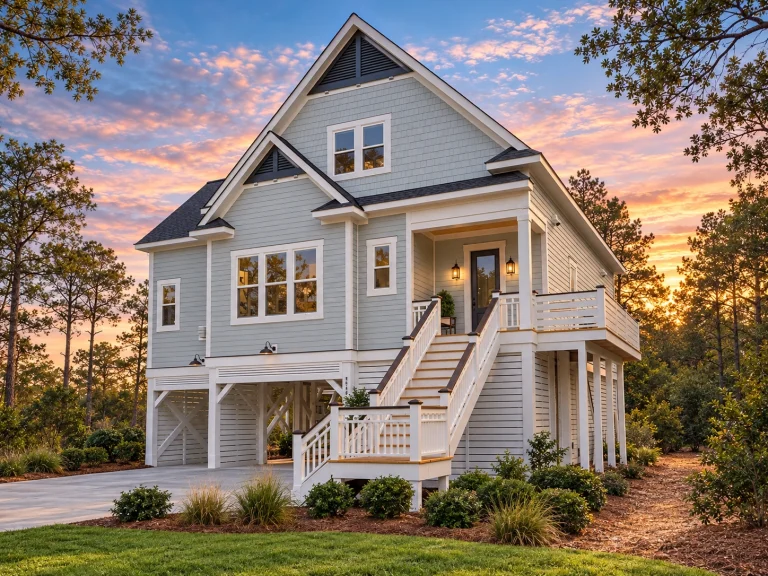 Front exterior of elevated coastal beach house with horizontal lap siding, wraparound porch, and stairs on pilings at sunset
