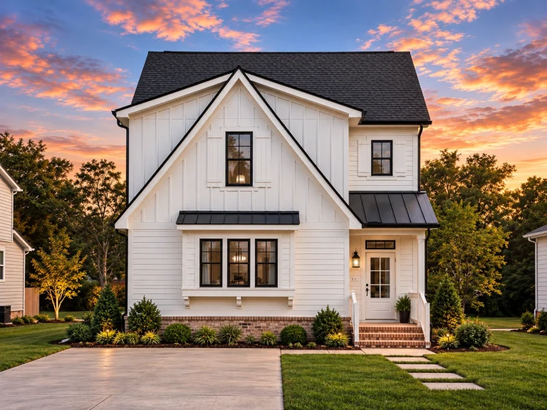 Top Designer-Approved House Plans 13 Front elevation of a Modern Farmhouse Cottage featuring vertical board and batten siding, warm stone accents, and a welcoming entry door under a gable roof.