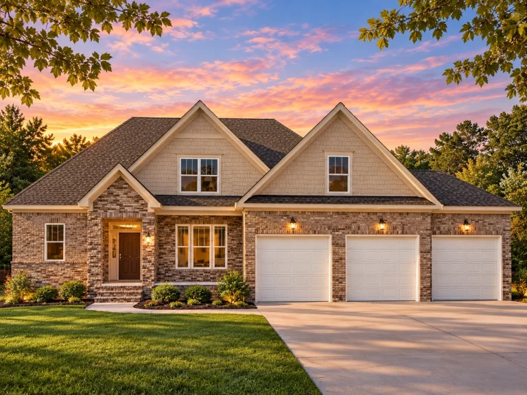 Front elevation of a New American style suburban house with stone veneer, horizontal siding, gabled rooflines, and a two-car garage