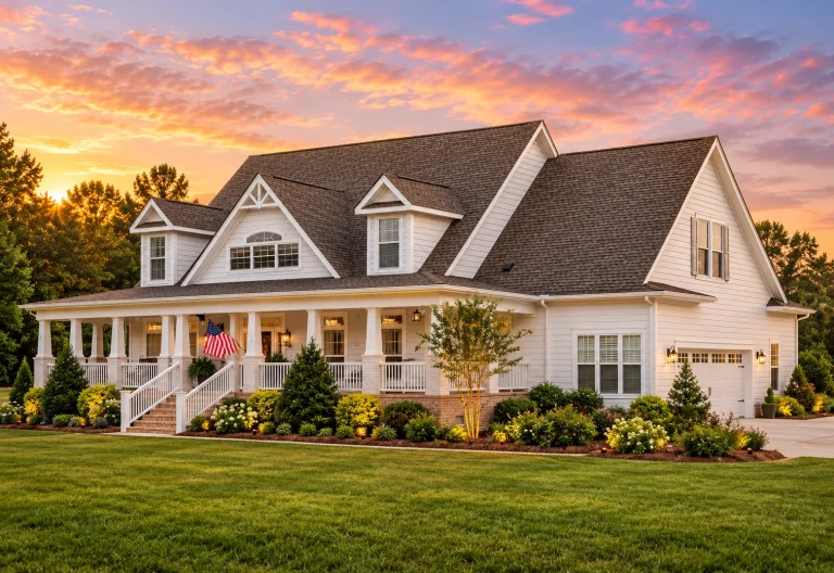 Front exterior of Southern Farmhouse style home with white horizontal lap siding, dormers, gabled roof, and wraparound covered porch