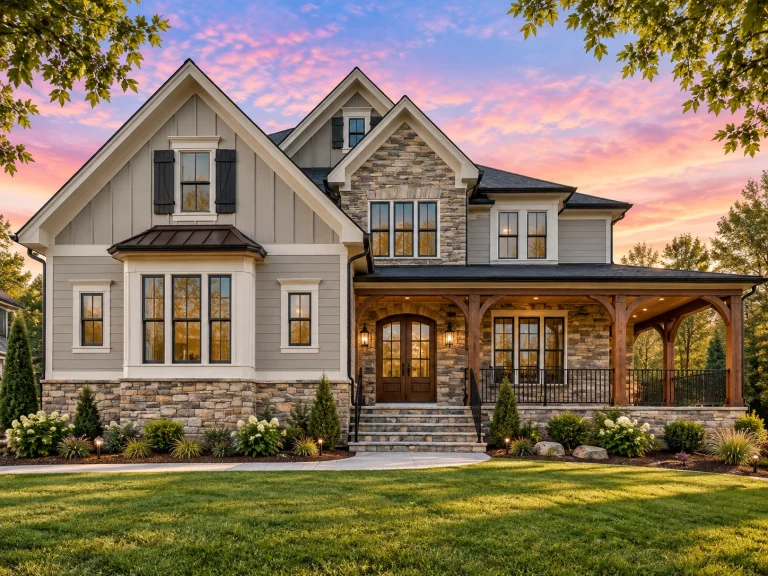Best-Selling House Plans for Builders 23 Front elevation of a New American Craftsman style home featuring stone veneer, board-and-batten siding, covered front porch, and classic suburban curb appeal
