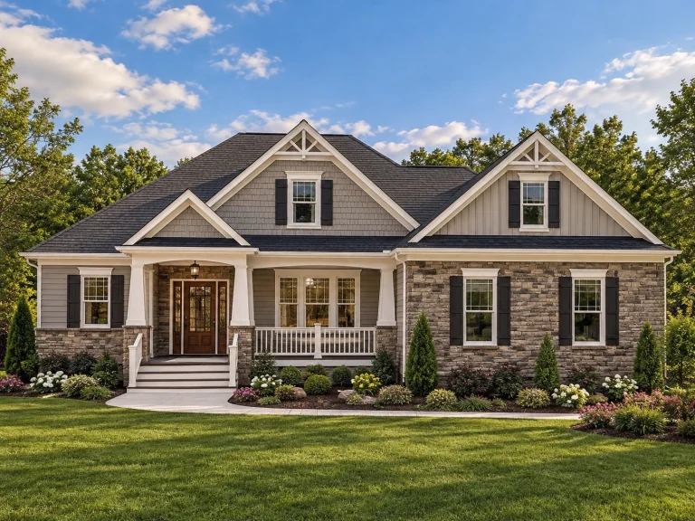 Front exterior view of a New American modern traditional house featuring stone veneer, board and batten siding, gabled rooflines, and a covered front porch