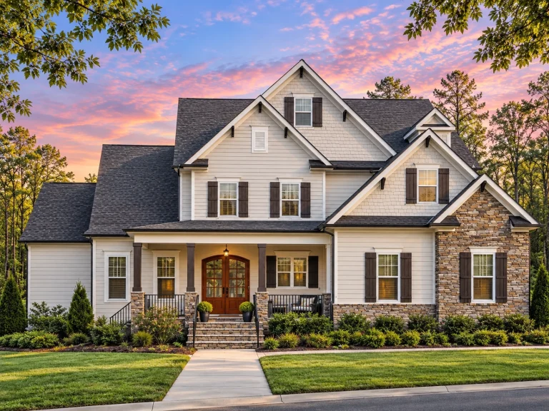 Best-Selling House Plans for Builders 12 Front elevation of a New American Modern Traditional home featuring stone accents, horizontal siding, gabled rooflines, and a welcoming covered entry