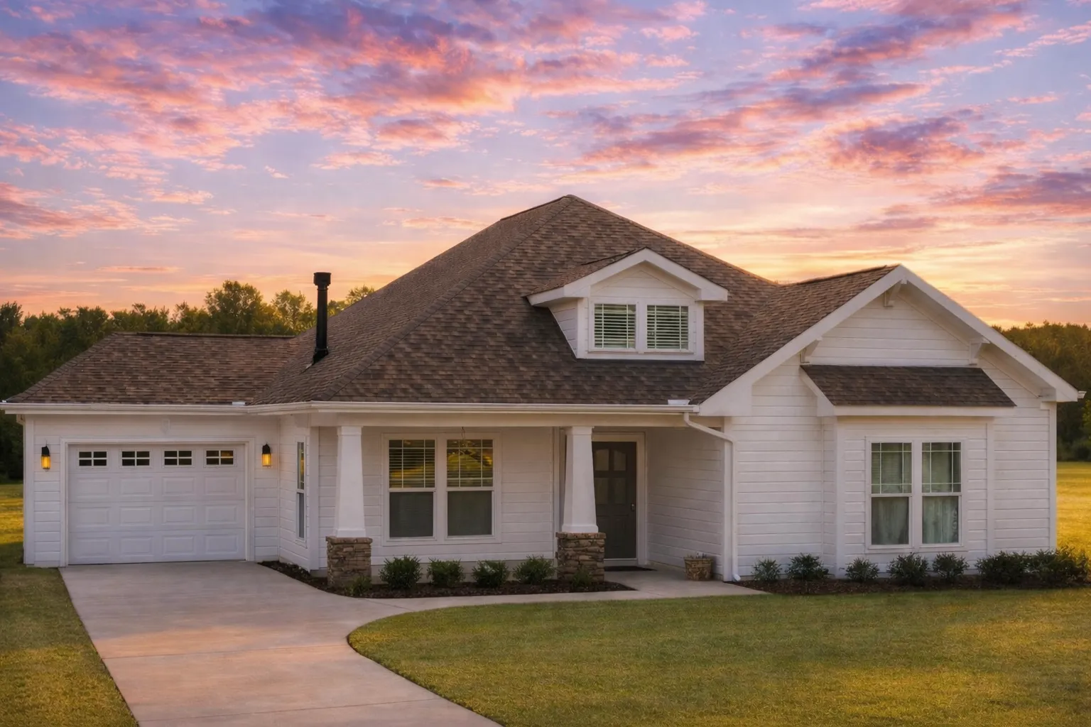 Front view of a Craftsman Cottage Ranch style home featuring lap siding, board-and-batten gable accents, stone porch bases, and a welcoming covered porch