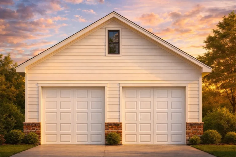 French Country Farmhouse Plans 22 Front view of traditional two-car garage with horizontal lap siding, brick wainscot exterior, and symmetrical gable roof
