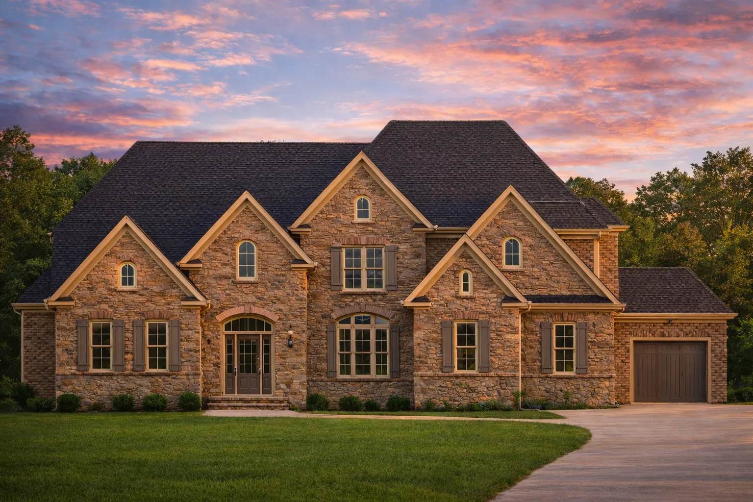 Front elevation of a New American (Modern Traditional) home with white horizontal lap siding, stone entry façade, black shutters, steep gables, and an attached garage
