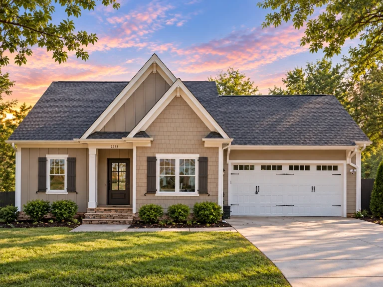 House Plans with Fireplace 15 Front elevation of a Traditional Ranch suburban home featuring stone accents, horizontal siding, gabled rooflines, and a two-car garage