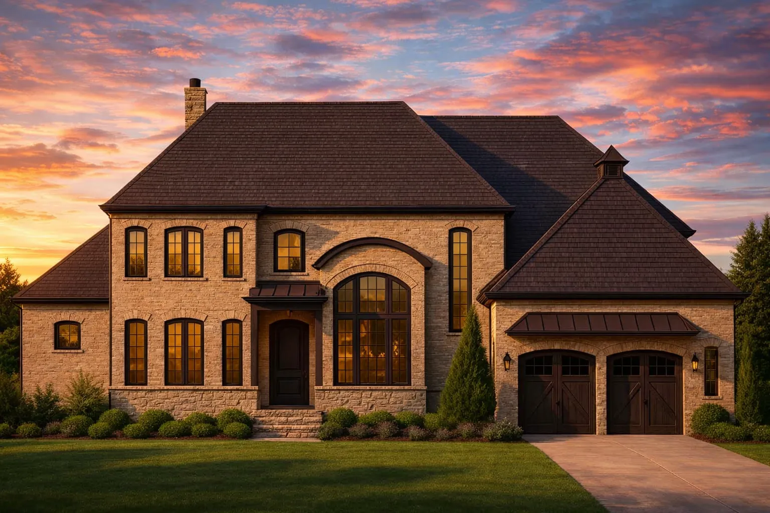 Front elevation of a French Country style house featuring brick exterior, steep hipped rooflines, arched windows, and an attached two-car garage