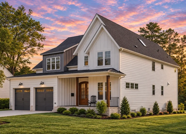Front elevation of a New American Southern Traditional home with lap siding, board-and-batten accents, gabled rooflines, and a welcoming covered front porch