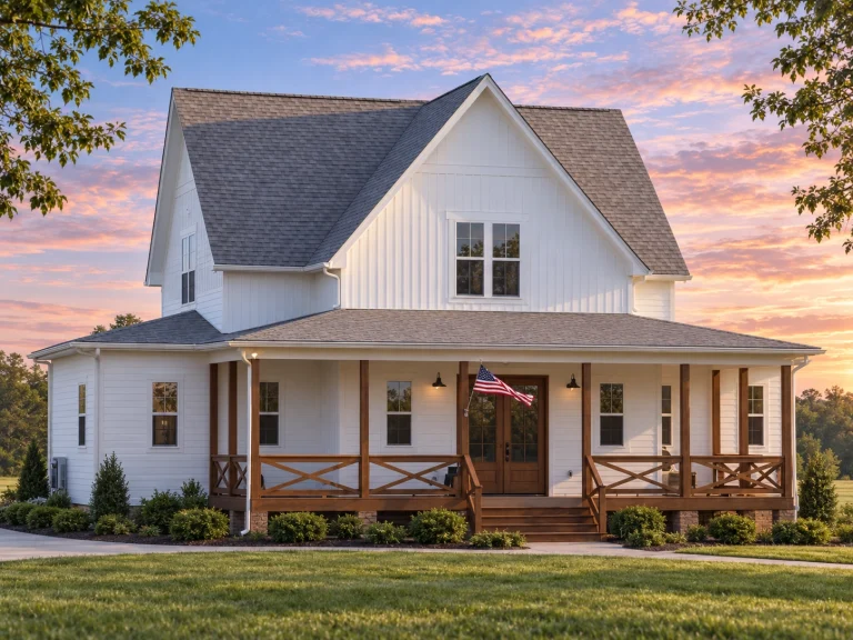 Front elevation of a Modern Farmhouse style home featuring white board and batten siding, black metal roof, stone porch piers, and symmetrical Southern-inspired design