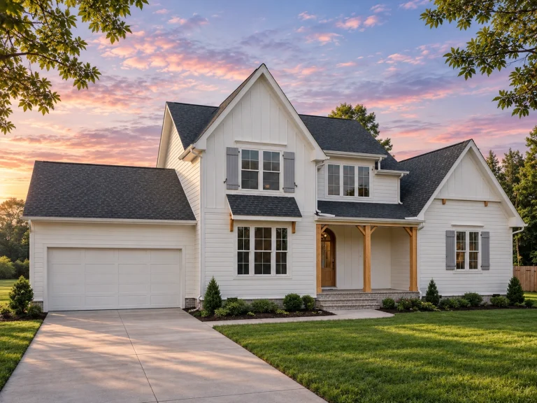 Front elevation of a modern farmhouse-style home with white board-and-batten siding, black shutters, gable dormer, and a covered porch entry