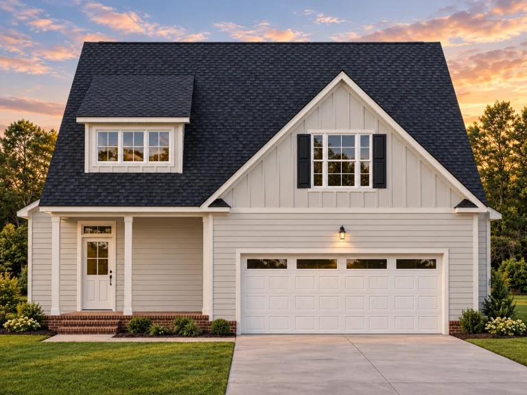 Front view of a Modern Farmhouse featuring board and batten siding, brick accents, and a welcoming gabled roofline with dormer window