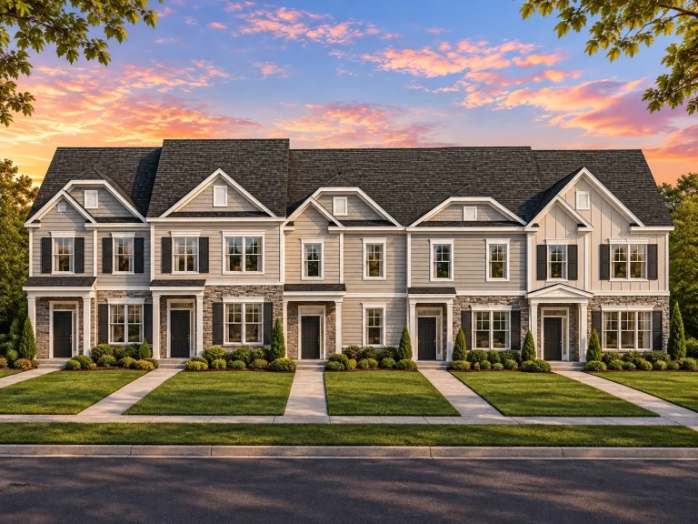 Traditional Ranch House Plans 3 Front view of a Traditional Colonial style townhome row featuring lap siding, gable roofs, and partial stone accents for timeless curb appeal