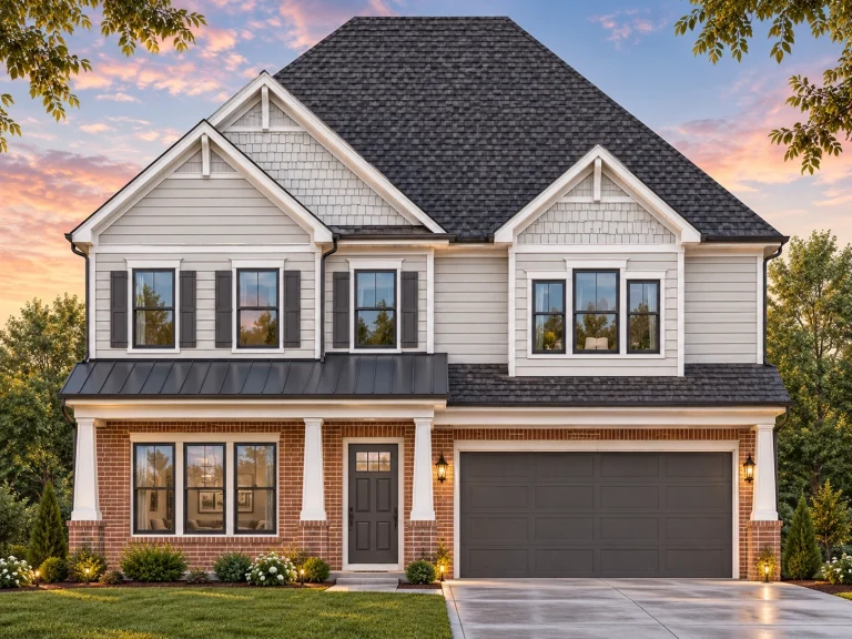 RV Garage Plans 1 Front elevation of a New American farmhouse style home featuring board and batten siding, stone accents, symmetrical windows, and a two car garage