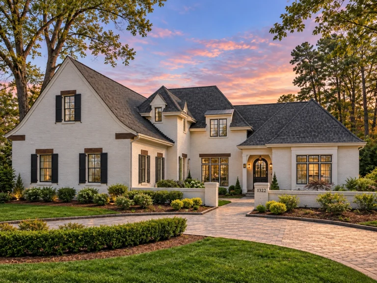 Front exterior of a French Country style home featuring brick and stone exterior, arched doorway, manicured landscaping, and formal courtyard entry