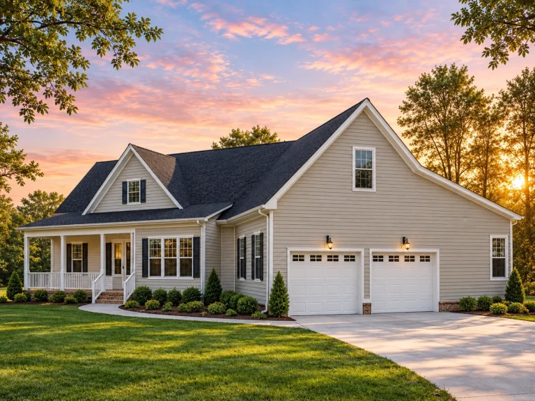 Garage Workshop Plans 2 Front exterior of a Southern Farmhouse ranch-style home featuring horizontal siding, a wide covered porch, and symmetrical traditional design