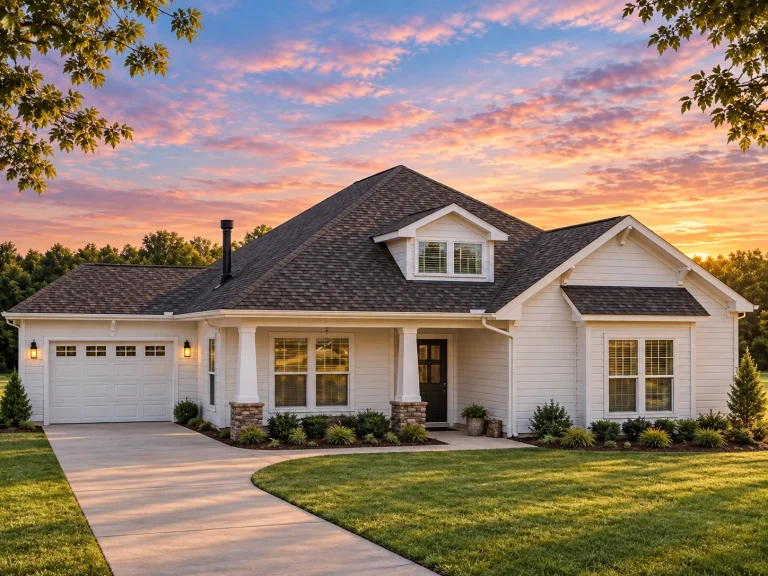 Front view of a Craftsman Cottage Ranch style home featuring lap siding, board-and-batten gable accents, stone porch bases, and a welcoming covered porch