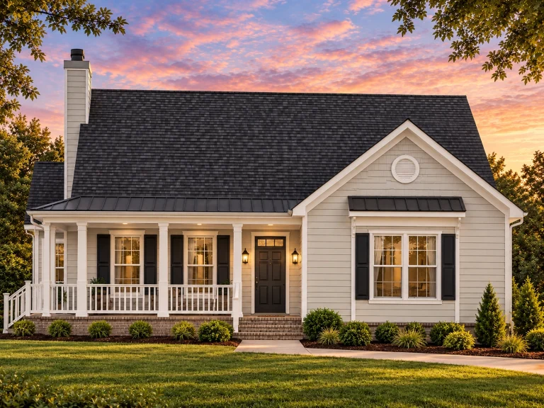 Front view of a Cape Cod and Traditional style house with dormer windows, covered porch, beige siding, and a two-car garage