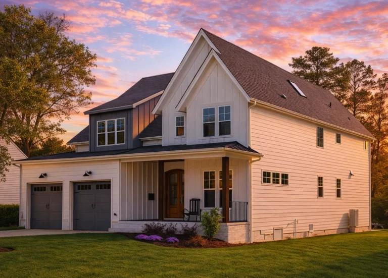 Front elevation of a New American Southern Traditional home with lap siding, board-and-batten accents, gabled rooflines, and a welcoming covered front porch