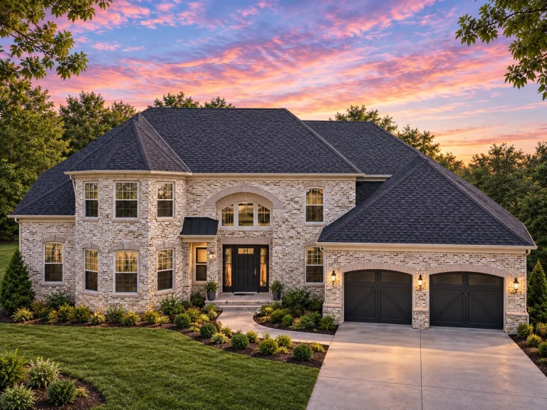 Front elevation of a French Country style house featuring brick exterior, steep hipped rooflines, arched windows, and an attached two-car garage