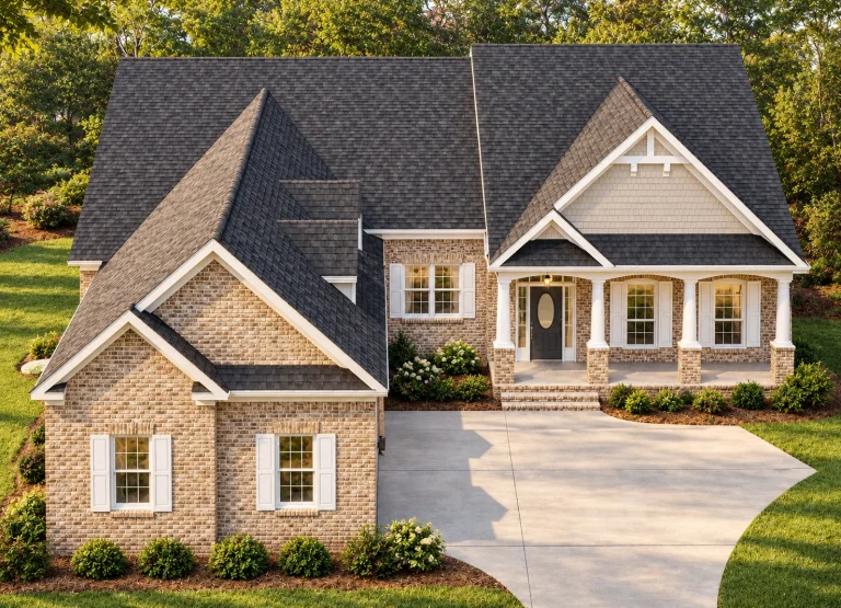 Front elevation of New American modern traditional home with stone veneer, horizontal lap siding, board and batten gables, and arched entry porch