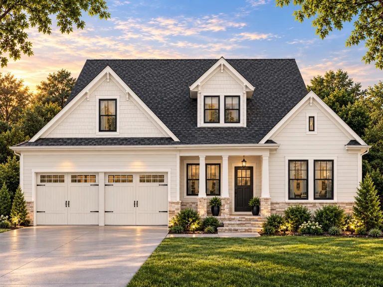House Plans with Outdoor Kitchen 15 Front elevation of a Traditional Ranch and Modern Farmhouse style home featuring board and batten siding, stone wainscoting, dark shutters, and a gable roof design
