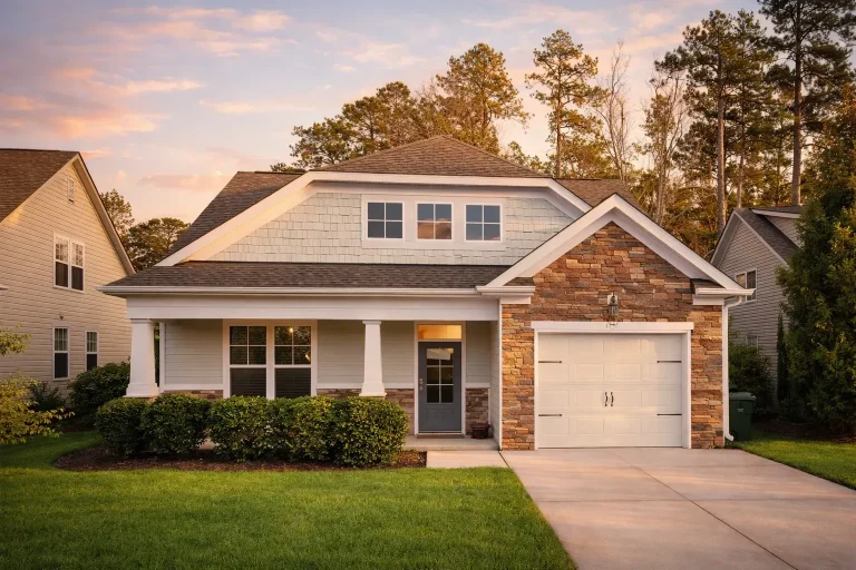 Front elevation of a Traditional Craftsman style home featuring stone façade, horizontal siding, shake gable accents, and a single-car garage with wood doors