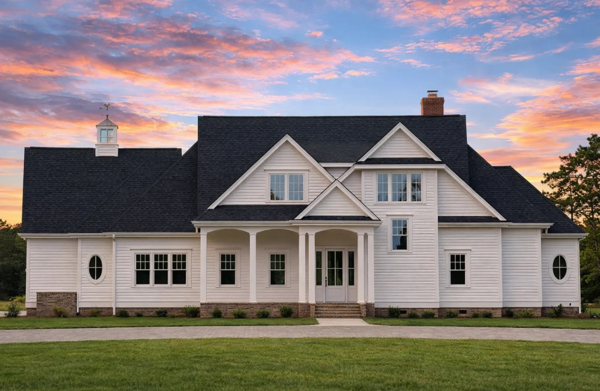 House Plans with Second Floor Laundry Room 1 Front elevation of Modern Farmhouse style home with board and batten siding, brick accents, gabled rooflines, and covered porch