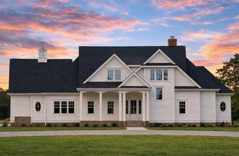 Front elevation of Modern Farmhouse style home with board and batten siding, brick accents, gabled rooflines, and covered porch