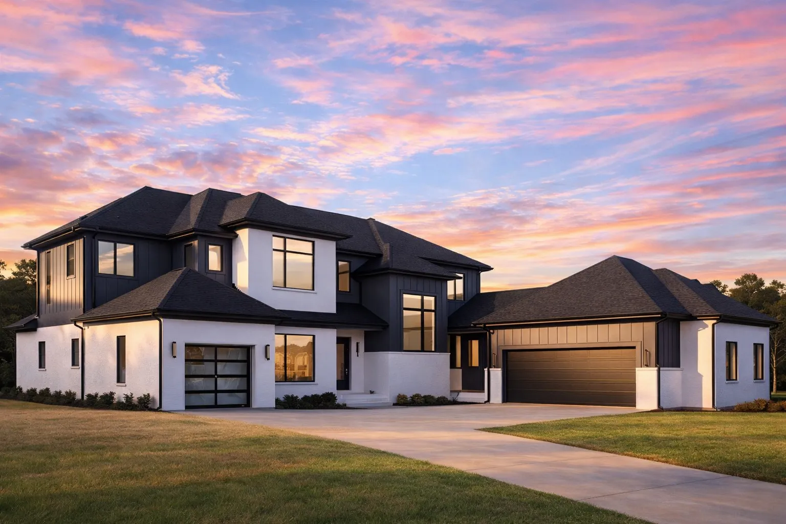 Front exterior of a Modern Traditional luxury home with board and batten siding, stucco accents, dark windows, and a three-car garage