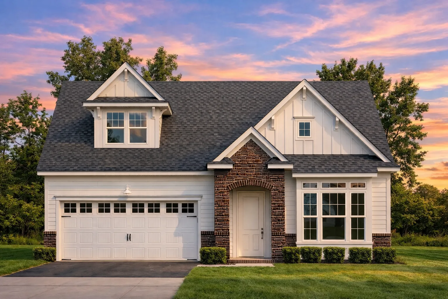 Front view of a Traditional Cottage style house featuring stone veneer, horizontal siding, and gable detailing with dormer above the garage